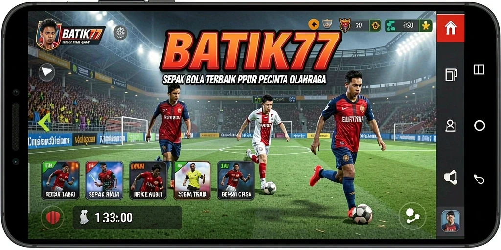 Tampilan gameplay BATIK77 dengan aksi pemain dalam pertandingan sepak bola.