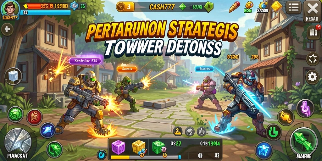Screenshot gameplay <strong>CASH777</strong> menampilkan pertarungan menegangkan dengan berbagai tower yang strategis.