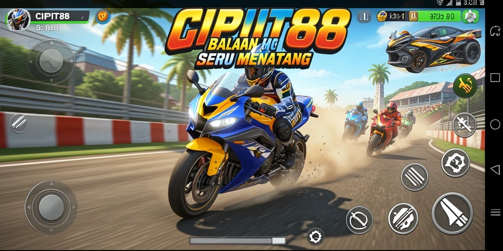 Tampilan gameplay intens dari CIPIT88 dengan motor balap yang menonjol.