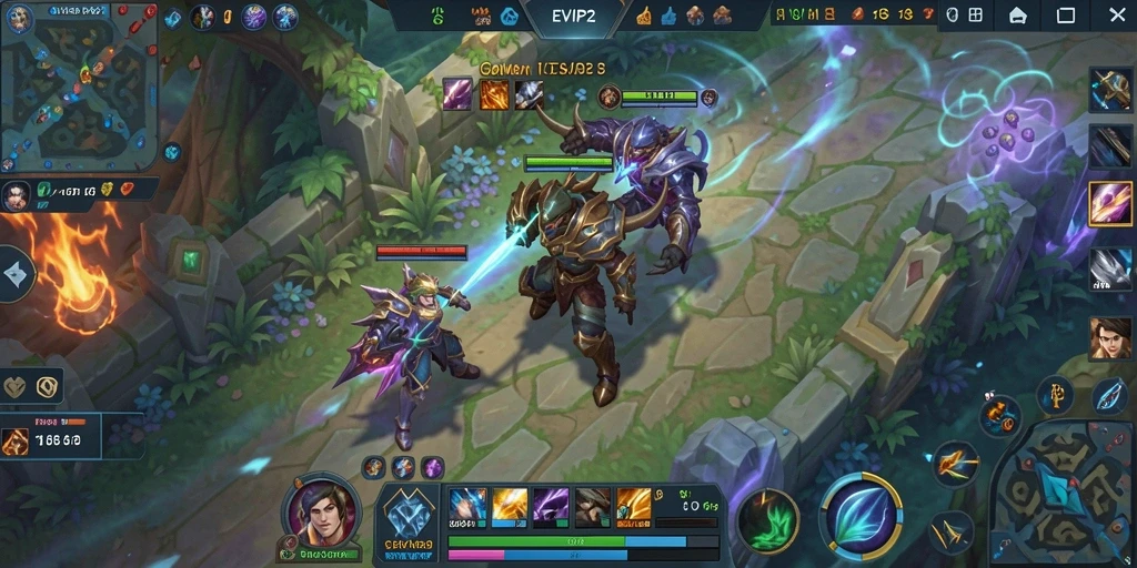 Screenshot gameplay EVIP2 menampilkan aksi seru dalam pertarungan MOBA.