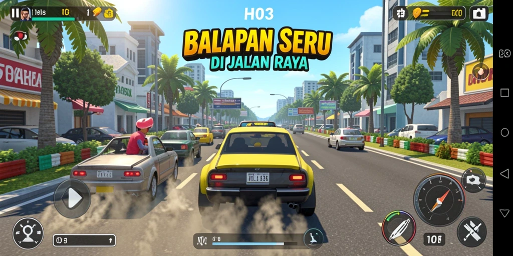 Tampilan gameplay H03 yang menegangkan dan penuh aksi balapan.