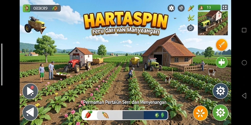 Tampilan menarik dari gameplay HARTASPIN yang menampilkan pertanian aktif.