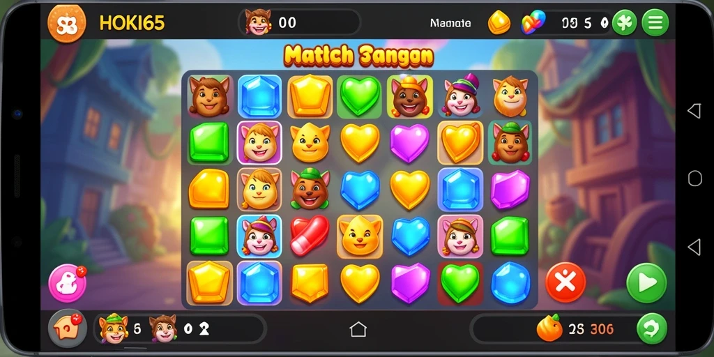 Screenshot HOKI65 menunjukkan gameplay Match-3 yang menarik dan penuh warna.