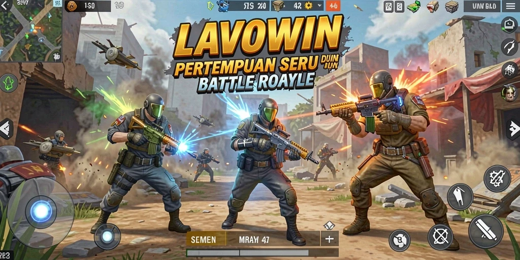Screenshot utama LAVOWIN menampilkan pertempuran mendebarkan di pulau dengan grafis luar biasa.