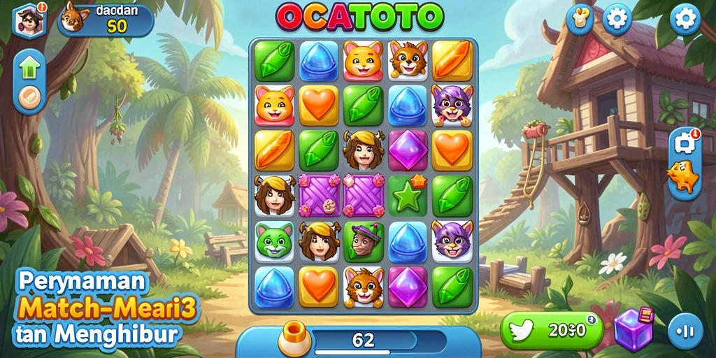 Screenshot gameplay OCATOTO dengan simbol warna-warni dalam aksi.