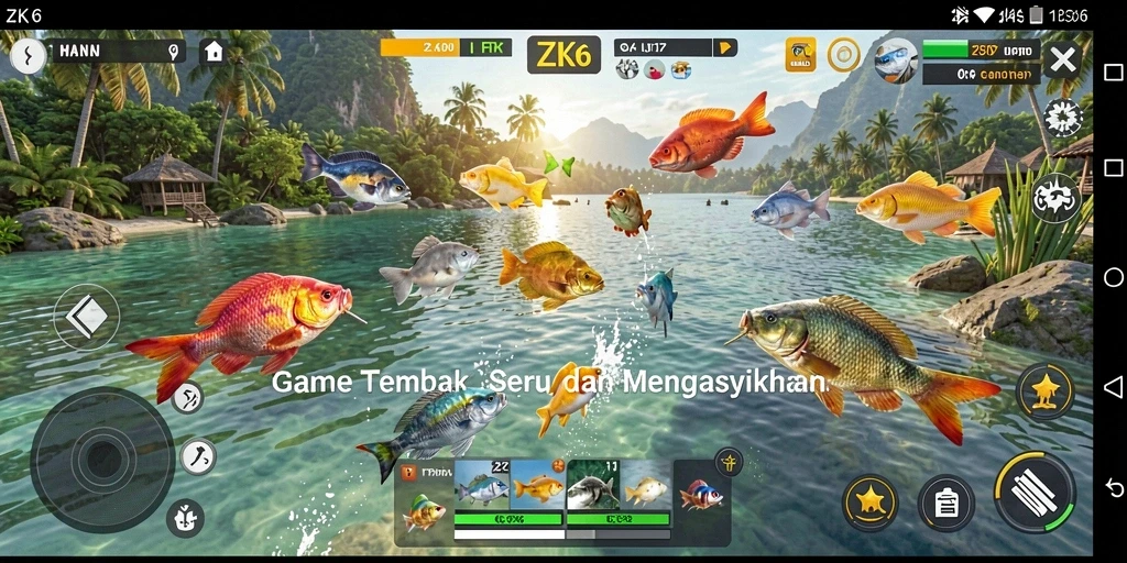 Tangkapan layar gameplay ZK6 menunjukkan aksi tembak ikan yang menarik.